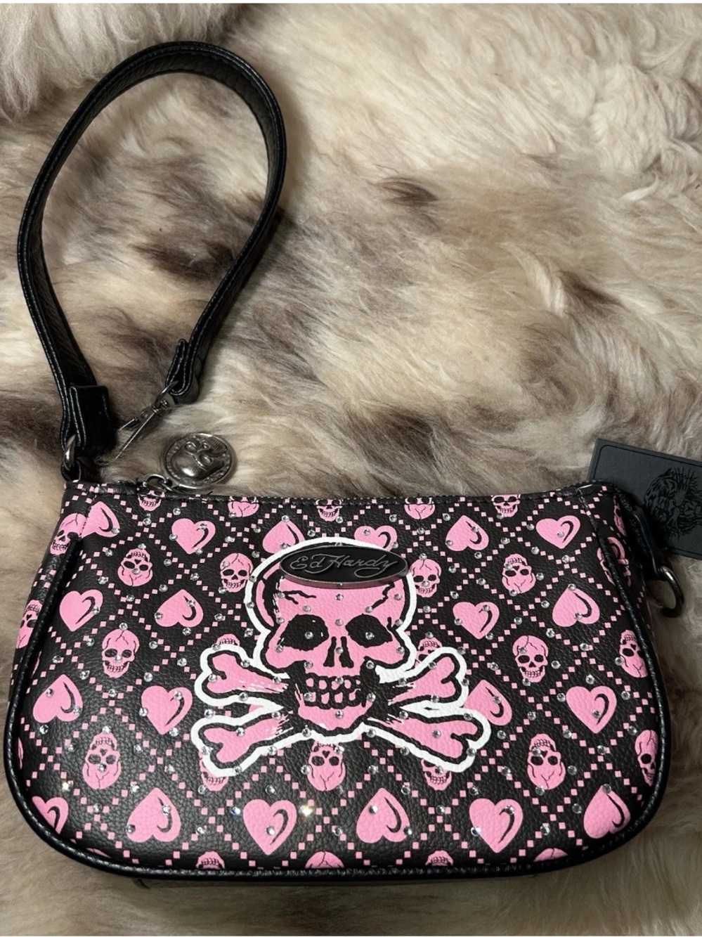 Ed Hardy Black & Pink Skull Crossbones Shoulder Bag NWT - Picture 3 of 11